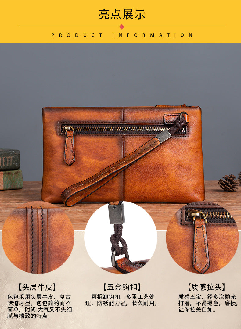 Men's Clutch Bag Genuine Cowhide Leather Retro Casual Men Bag 
