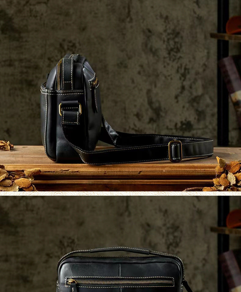 Men's Shoulder Bag Handmade Cow Leather Casual Simple Retro Zipper Crossbody Bag 