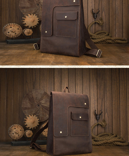 Men's Rucksack Cowhide Genuine Leather Handmade Unique Fashion Casual Travel Bag Computer Bag 