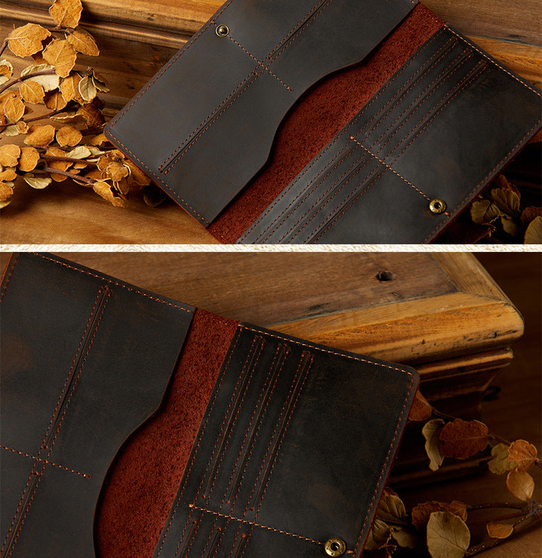 Men's long wallet, handmade, genuine cowhide leather, retro card holder, simple men's wallet handbag 