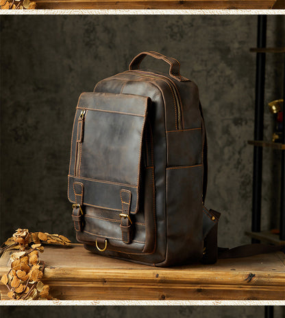 Men's Rucksack Handmade Crazy Horse Cowhide Genuine Leather Retro Outdoor Travel Bag Fashion Unique Men's Bag 