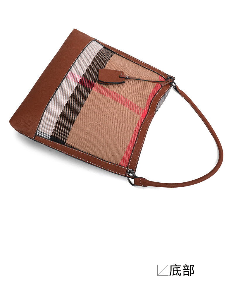 Women's bag Plaid cowhide canvas trend fashion bucket bag tote bag commuting Shoulder bag that goes with anything. Pochette