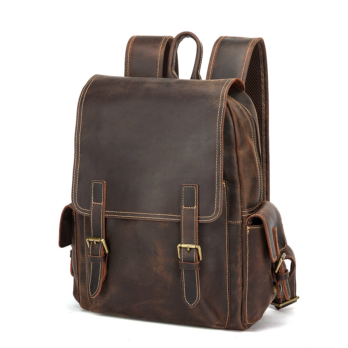 Men's Rucksack Genuine Cowhide Leather Retro Large Capacity Computer Bag for Men 