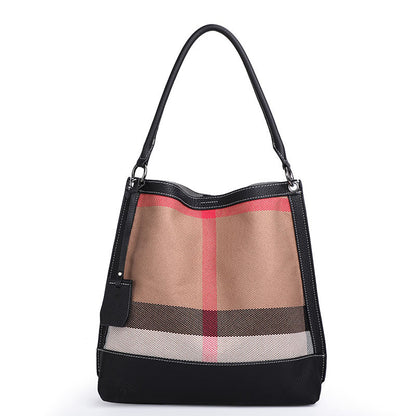 Women's bag Plaid cowhide canvas trend fashion bucket bag tote bag commuting Shoulder bag that goes with anything. Pochette