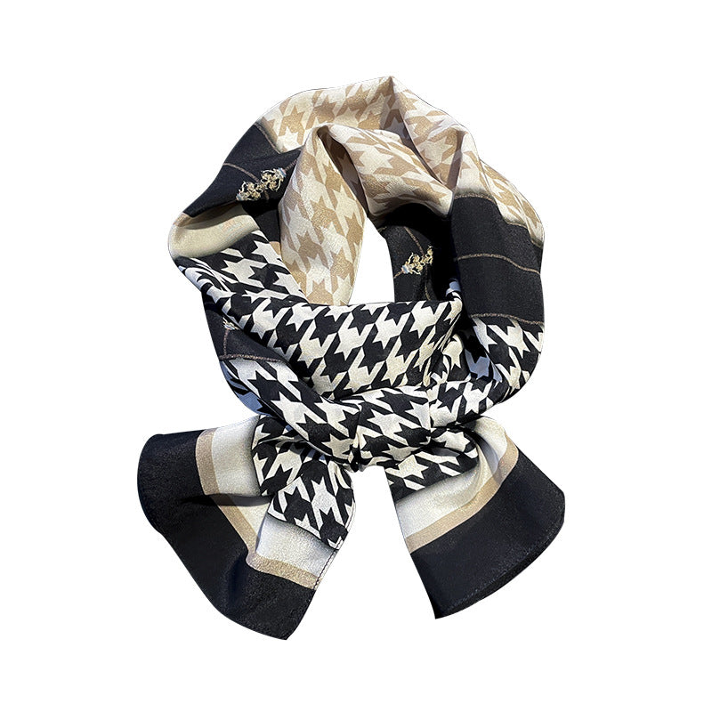 Silk scarf Houndstooth color matching muffler Silk double ribbon long scarf that goes with anything
