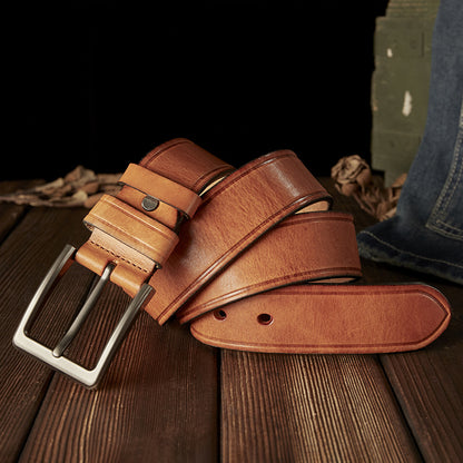 Men's Belt Handmade Cowhide Genuine Leather Retro Simple Casual Fashion Stainless Steel Needle Buckle Men's Belt 