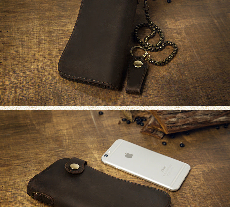 Men's Wallet Handmade Original Crazy Horse Genuine Cowhide Leather Retro Card Holder Large Capacity Zipper Mobile Phone Bag Men Handbag 