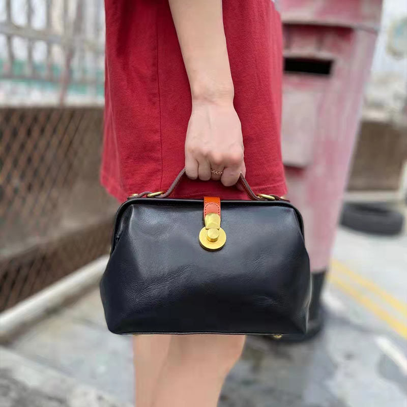 Women's Bag Retro Genuine Leather Handmade Cowhide Doctor Bag Fashion Handbag Temperament Shoulder Bag.Pochette