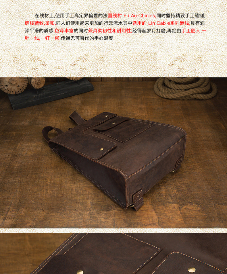 Men's Rucksack Cowhide Genuine Leather Handmade Unique Fashion Casual Travel Bag Computer Bag 