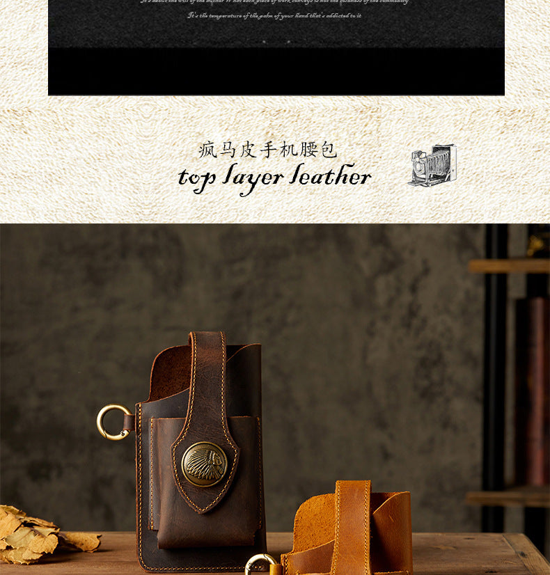Men's Waist Pouch Mobile Phone Bag Keychain Handmade Cowhide Crazy Horse Belt Bag Mobile Phone Leather Cover Mini Bags for Men 
