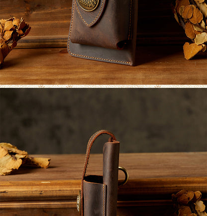 Men's Waist Pouch Mobile Phone Bag Keychain Handmade Cowhide Crazy Horse Belt Bag Mobile Phone Leather Cover Mini Bags for Men 