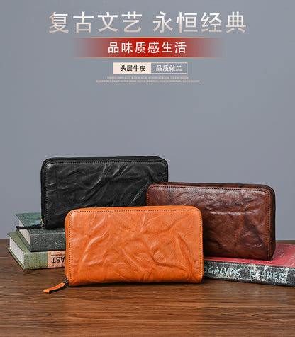 Men's Wallet Cowhide Genuine Leather Clutch Bag Mobile Phone Bag Retro Casual Men's Handbag 