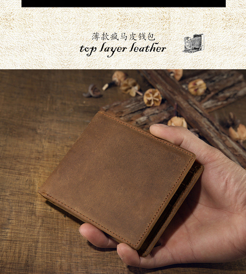 Men's short wallet made of genuine cowhide leather Crazy Horse Original casual simple thin Korean fashion unique wallet for men 