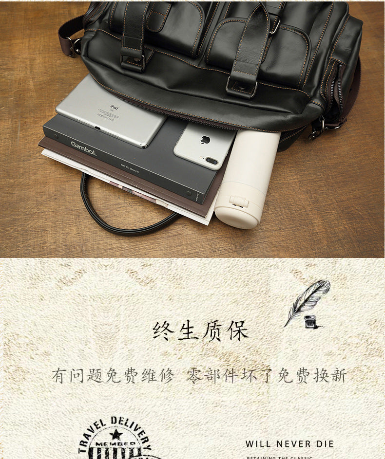 Men's Handbag, Business Trip, Travel Bag, Handmade, Genuine Cowhide Leather, Casual, Fashion, Crossbody Shoulder Bag 