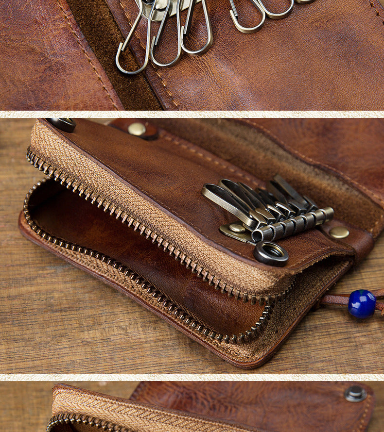 Men's wallet, genuine cowhide leather, key chain, coin purse, zipper, multi-function, large capacity, card bag for men 