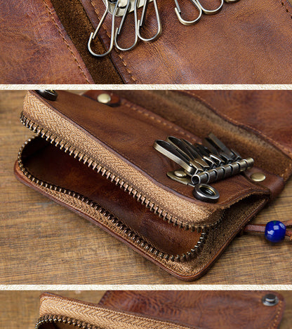 Men's wallet, genuine cowhide leather, key chain, coin purse, zipper, multi-function, large capacity, card bag for men 