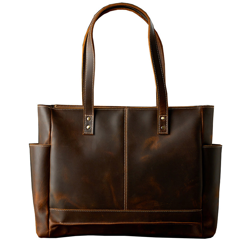Men's tote bag, handmade, genuine cowhide leather, unisex handbag, casual school commuting shoulder bag 