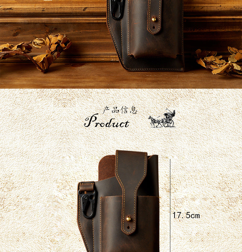 Men's Waist Pouch Handmade Cow Leather Crazy Horse Personality Mobile Phone Keychain Mobile Phone Case Sports Mini Bag 