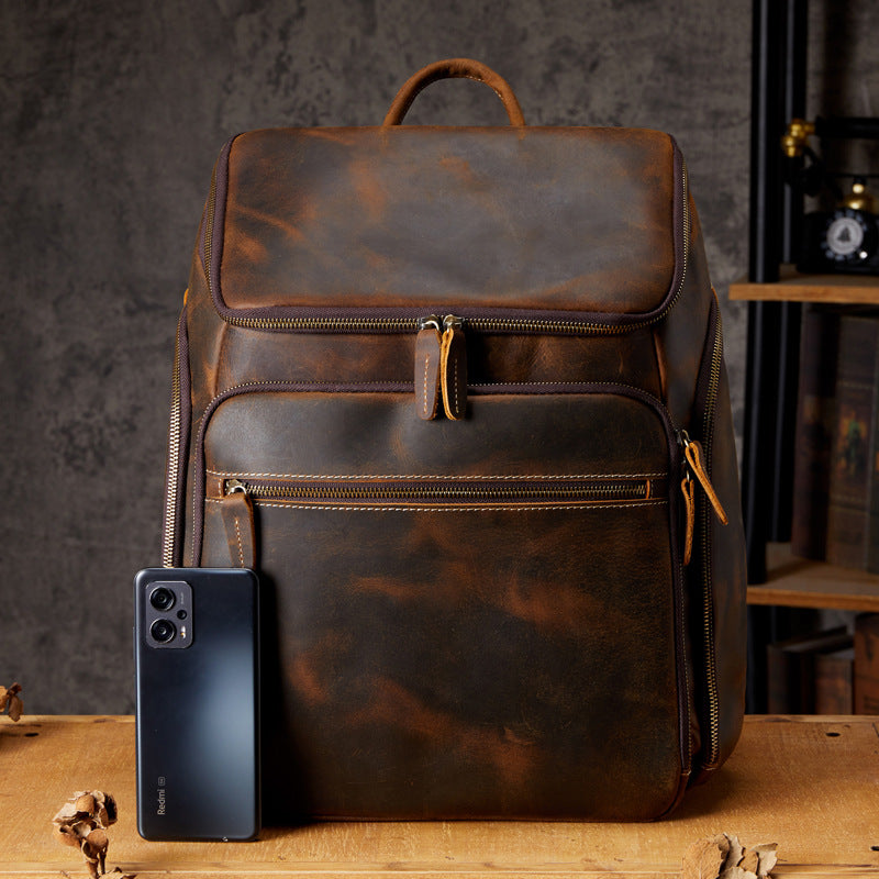 Men's backpack, handmade, genuine cowhide leather, retro outdoor men's travel bag, computer bag 