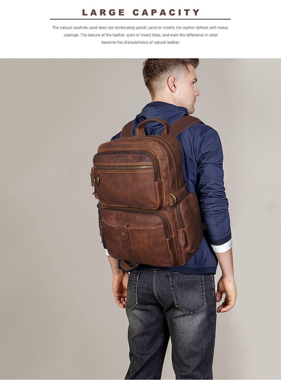 Men's backpack genuine leather cowhide retro large capacity men computer bag 