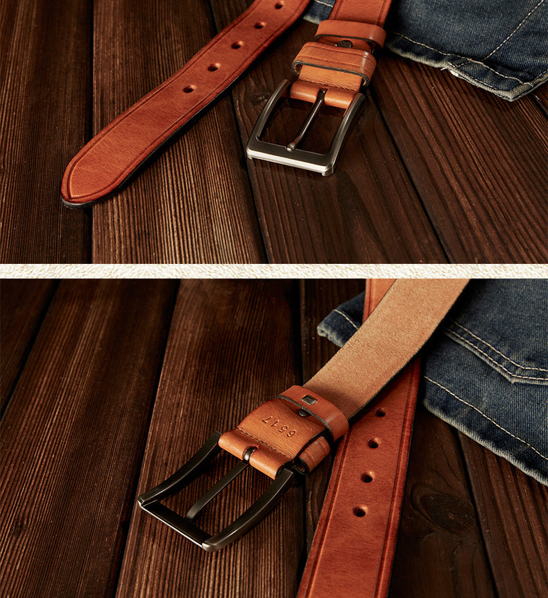 Men's Belt Handmade Cowhide Genuine Leather Retro Simple Casual Fashion Stainless Steel Needle Buckle Men's Belt 