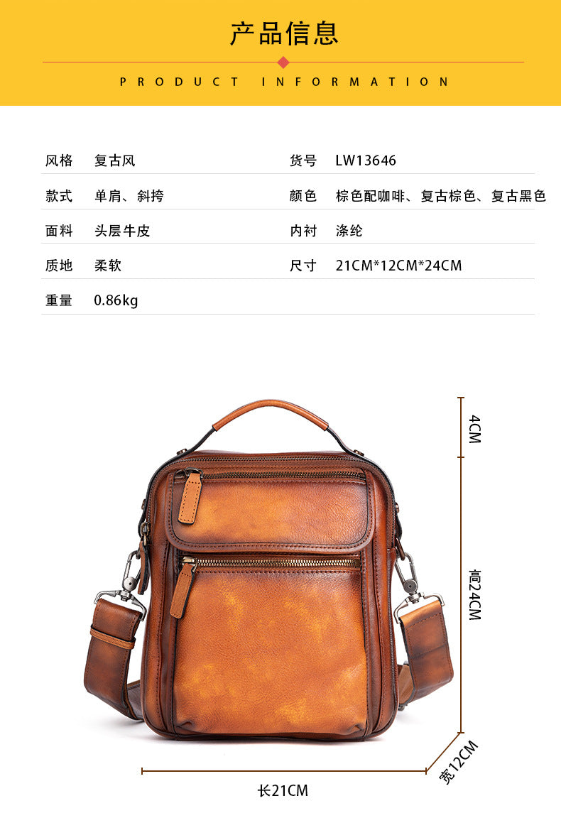 Men's Shoulder Bag Genuine Cowhide Leather Retro Casual Male Crossbody Bag 