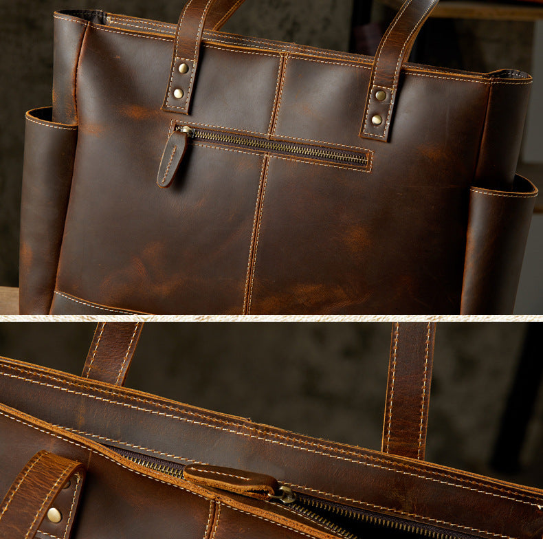 Men's tote bag, handmade, genuine cowhide leather, unisex handbag, casual school commuting shoulder bag 