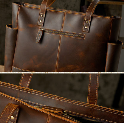 Men's tote bag, handmade, genuine cowhide leather, unisex handbag, casual school commuting shoulder bag 