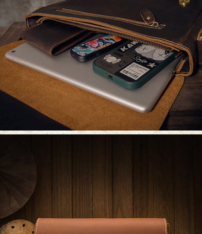 Men's Messenger Bag Handcrafted Genuine Cowhide Leather Shoulder Bag Simple Fashion Unique Crossbody Bag 