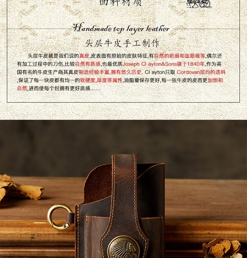 Men's Waist Pouch Mobile Phone Bag Keychain Handmade Cowhide Crazy Horse Belt Bag Mobile Phone Leather Cover Mini Bags for Men 