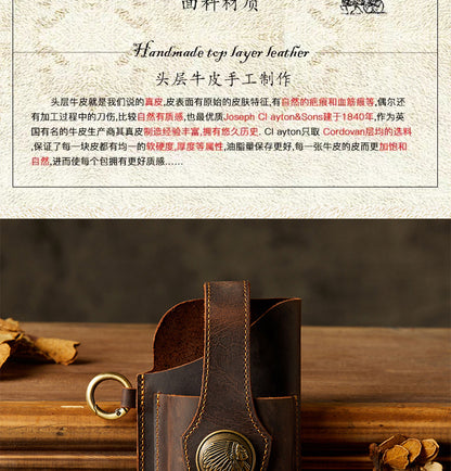 Men's Waist Pouch Mobile Phone Bag Keychain Handmade Cowhide Crazy Horse Belt Bag Mobile Phone Leather Cover Mini Bags for Men 