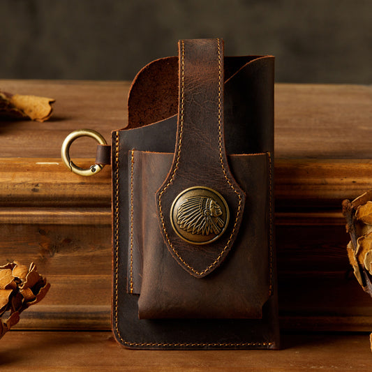 Men's Waist Pouch Mobile Phone Bag Keychain Handmade Cowhide Crazy Horse Belt Bag Mobile Phone Leather Cover Mini Bags for Men 