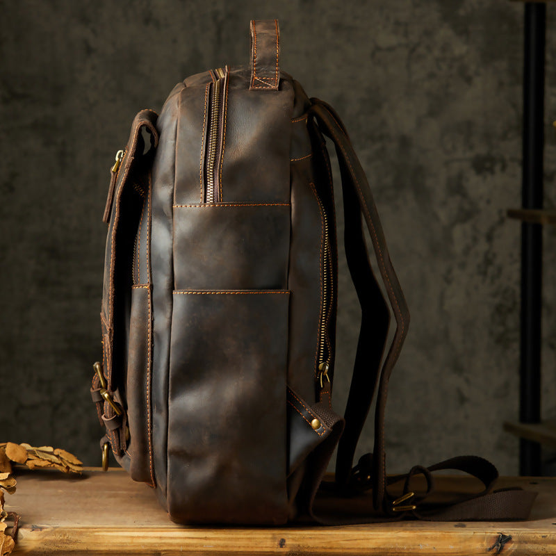 Men's Rucksack Handmade Crazy Horse Cowhide Genuine Leather Retro Outdoor Travel Bag Fashion Unique Men's Bag 