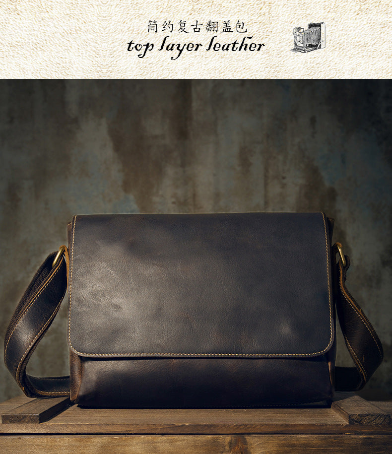 Men's Messenger Bag Handcrafted Genuine Cowhide Leather Shoulder Bag Simple Fashion Unique Crossbody Bag 