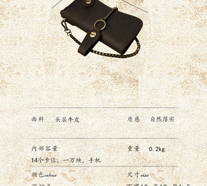 Men's Wallet Handmade Original Crazy Horse Genuine Cowhide Leather Retro Card Holder Large Capacity Zipper Mobile Phone Bag Men Handbag 