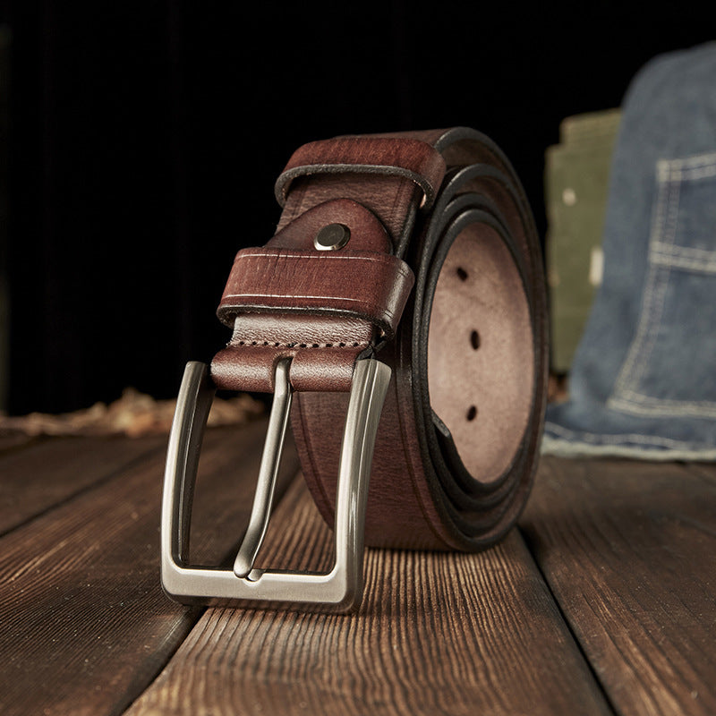 Men's Belt Handmade Cowhide Genuine Leather Retro Simple Casual Fashion Stainless Steel Needle Buckle Men's Belt 