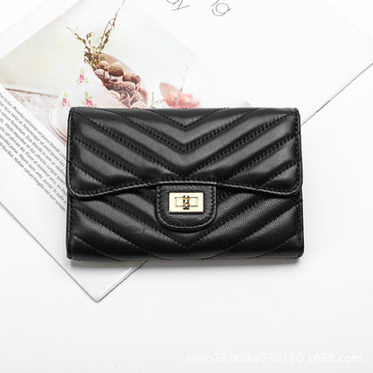 Sheep leather women's wallet stylish tri-fold wallet simple V size check coin purse high quality