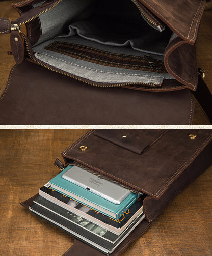 Men's Rucksack Cowhide Genuine Leather Handmade Unique Fashion Casual Travel Bag Computer Bag 