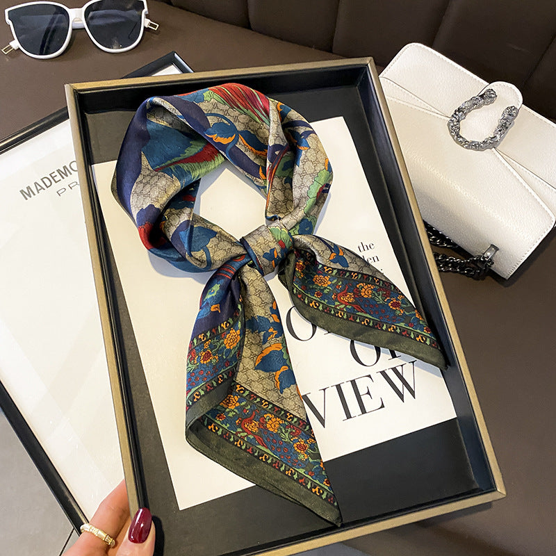 Silk Scarf Printed Pattern French Scarf Women Sheer Sunscreen Elegant Temperament Neckerchief