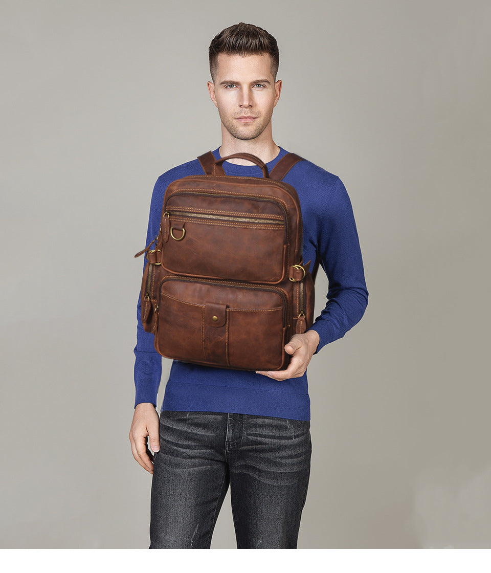 Men's backpack genuine leather cowhide retro large capacity men computer bag 