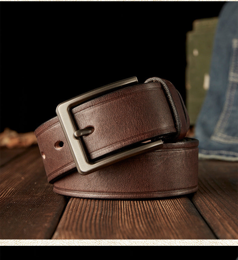 Men's Belt Handmade Cowhide Genuine Leather Retro Simple Casual Fashion Stainless Steel Needle Buckle Men's Belt 