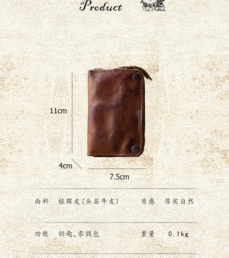 Men's wallet, genuine cowhide leather, key chain, coin purse, zipper, multi-function, large capacity, card bag for men 