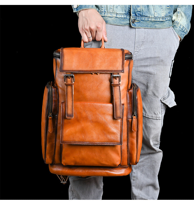 Men's backpack genuine cowhide leather retro unisex casual travel bag business bag 