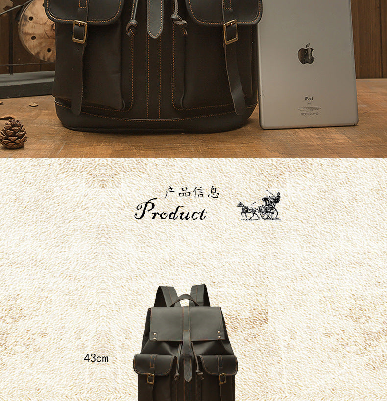 Men's backpack handmade original cowhide genuine leather retro fashion unisex casual bag 