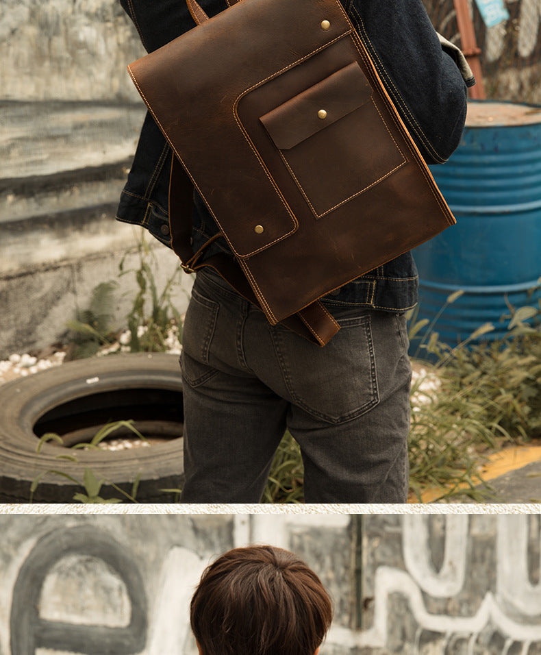 Men's Rucksack Cowhide Genuine Leather Handmade Unique Fashion Casual Travel Bag Computer Bag 
