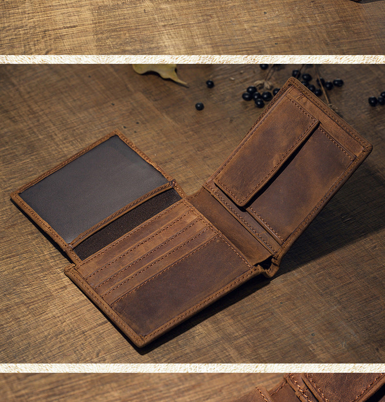 Men's Short Wallet Original Handmade Cowhide Genuine Leather Crazy Horse Retro Korean Fashion Coin Purse Men's Wallet 