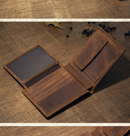 Men's Short Wallet Original Handmade Cowhide Genuine Leather Crazy Horse Retro Korean Fashion Coin Purse Men's Wallet 