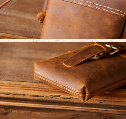 Men's Shoulder Bag Handcrafted Genuine Cowhide Leather Smartphone Pouch Retro Casual Crossbody Bag for Men 