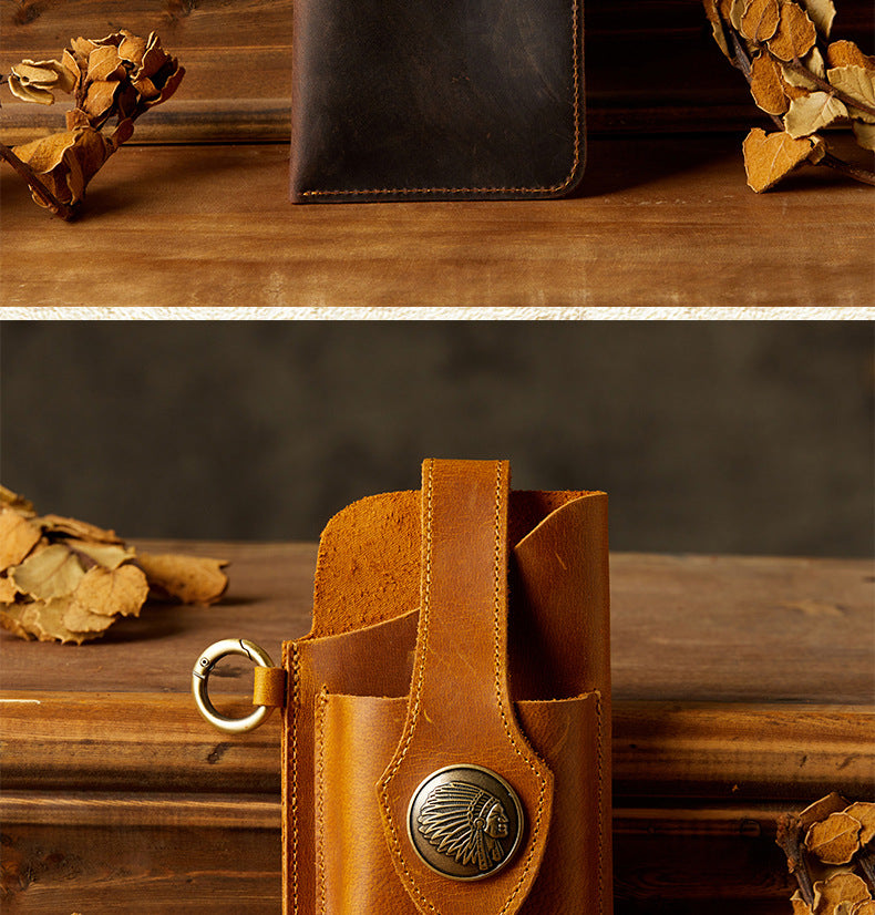 Men's Waist Pouch Mobile Phone Bag Keychain Handmade Cowhide Crazy Horse Belt Bag Mobile Phone Leather Cover Mini Bags for Men 