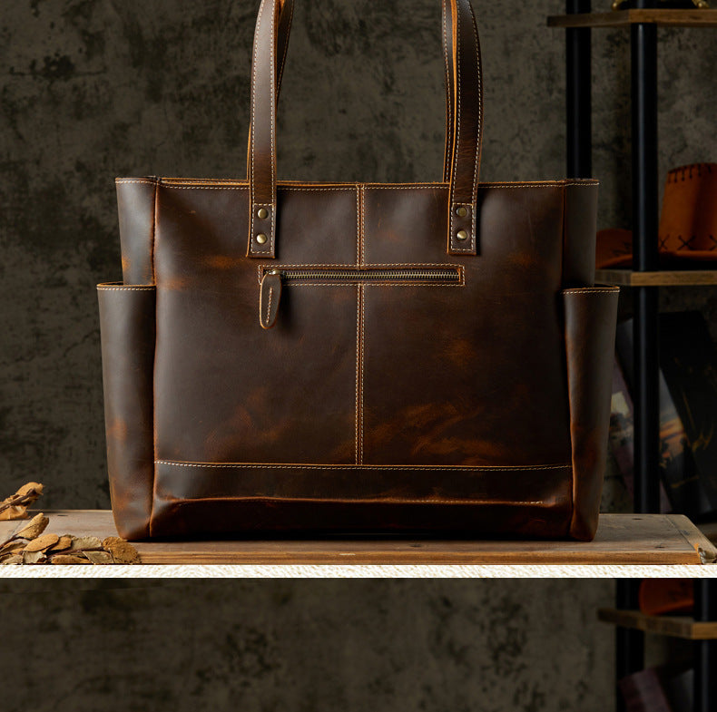 Men's tote bag, handmade, genuine cowhide leather, unisex handbag, casual school commuting shoulder bag 